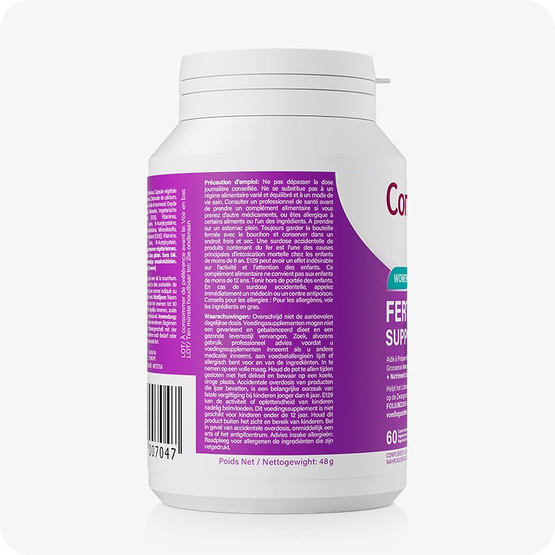 For Conceive Plus Couples Bundle Fertility Support | His/Her Deal (FR), image of women's fertility support supplement bottle side view showing detailed product information in French and Dutch, including precautions, storage advice, and barcode, with purple label and net weight of 48g displayed on a white background.