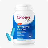 For Conceive Plus Couples Bundle Fertility Support | His/Her Deal (FR), image of men's fertility support supplement bottle displayed with a blue label and two turquoise capsules beside it, emphasizing male fertility support with French and Dutch language text on white background.