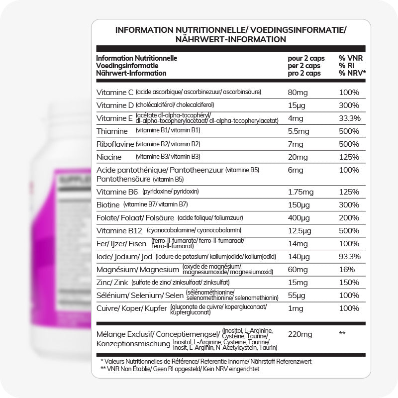 For Conceive Plus Couples Bundle Fertility Support | His/Her Deal (FR), close-up of women's fertility support supplement nutrition facts panel, listing detailed vitamin and mineral values in French, Dutch, and German — including vitamins C, D, E, B1, B2, B3, B5, B6, B7, B12, folate, iron, iodine, magnesium, zinc, selenium, copper, and a proprietary blend with inositol, taurine, and amino acids — per 2 capsules.