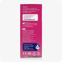 Side view of Conceive Plus Fertility Lubricant Applicators 8x4g German edition box displaying manufacturer details, distributor contacts, and quality assurance standards including pH range and osmolality on a pink background.