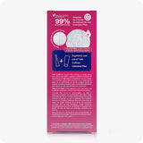For Conceive Plus Fertility Lubricant Applicators (ES), image shows back side of 8x4g Spanish packaging. The panel features a clinical claim of “99% viable sperm” after two hours of exposure, supported by a visual comparison. The text includes clinical usage instructions and precautions in Spanish. A blue box suggests pairing with the multi-use tube. The background is pink, with white and red text.