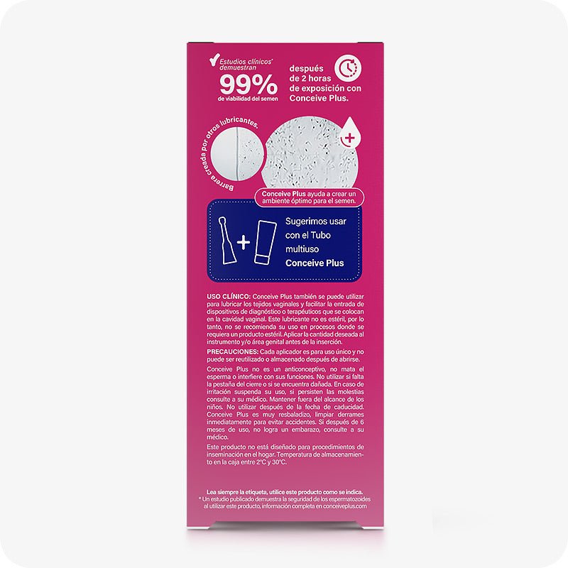 For Conceive Plus Fertility Lubricant Applicators (ES), image shows back side of 8x4g Spanish packaging. The panel features a clinical claim of “99% viable sperm” after two hours of exposure, supported by a visual comparison. The text includes clinical usage instructions and precautions in Spanish. A blue box suggests pairing with the multi-use tube. The background is pink, with white and red text.