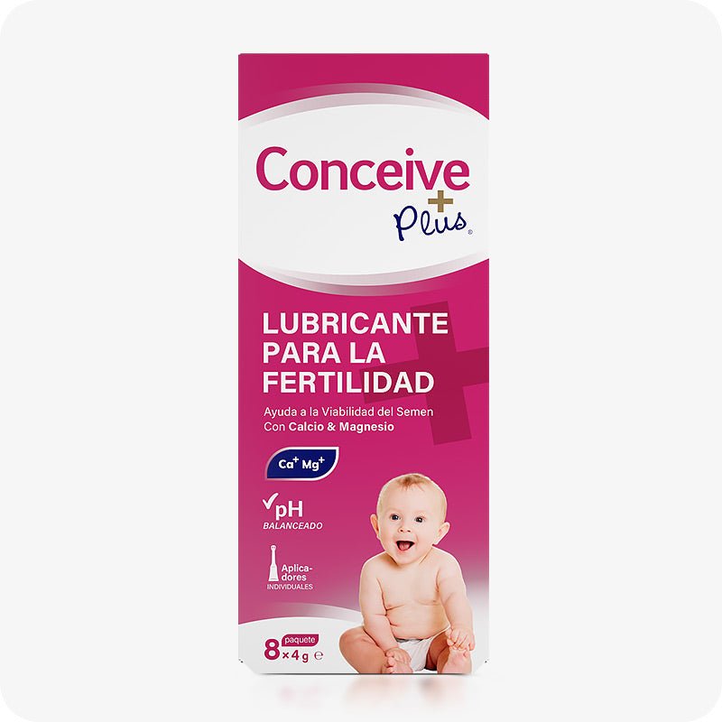 For Conceive Plus Fertility Lubricant Applicators (ES), the image shows the front view of an 8-pack box labeled in Spanish. The packaging features a pink and white design with the Conceive Plus logo, pH balance and Ca²⁺/Mg²⁺ claims, and an image of a baby. The label emphasizes individual applicators and fertility-friendly use for couples trying to conceive.