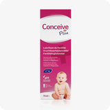 For Conceive Plus Fertility Lubricant Bundle (FR), showing front-facing retail box of 75ml fertility lubricant in pink and white packaging, with French, Dutch, and German text, featuring a smiling baby graphic and icons for calcium, magnesium, and pH balance.