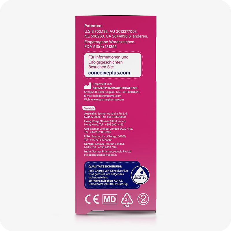 For Conceive Plus Fertility Lubricant Combo 75ml + 8 applicators (DE), image showing side panel of 8x4g pre-filled fertility lubricant applicators box with detailed manufacturer info, patent numbers, contact details across regions, CE and MD symbols, and SASMAR quality control seal for pH and osmolality standards.
