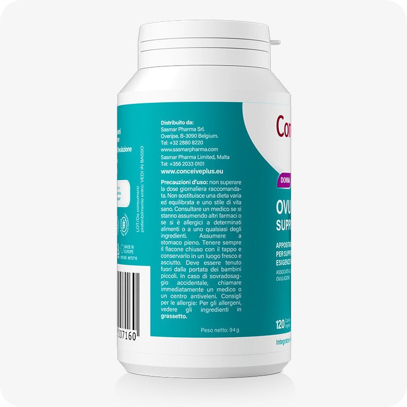 Conceive Plus Fertility Pack Ovulation & Motility (IT) featuring side label of Ovulation Support bottle with Italian-language precautions, distributor information, and dosage warnings, providing essential safety and contact details for female fertility users.