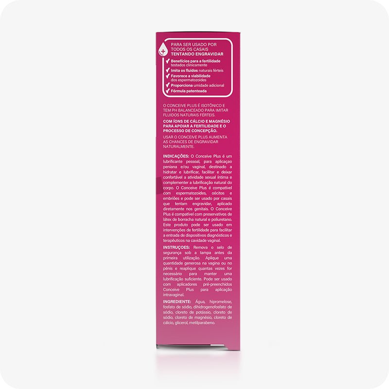 For Conceive Plus Max Combo - Fertility Lubricant Bundle (PT), side view of 75ml fertility lubricant tube product box in Portuguese, showing detailed instructions, ingredients, and usage benefits printed in white text over magenta packaging, designed for consumer guidance.
