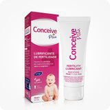 For Conceive Plus Max Combo - Fertility Lubricant Bundle (PT), a 75ml fertility lubricant tube standing upright beside its magenta product box with Portuguese text, calcium and magnesium icons, and baby image, set against a white background for a clean, professional product view.