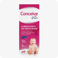 For Conceive Plus Max Combo - Fertility Lubricant Bundle (PT), image of front view of an 8x4g pre-filled fertility lubricant applicators magenta and white box with Portuguese labeling, mineral and pH icons, and a baby graphic on white background.