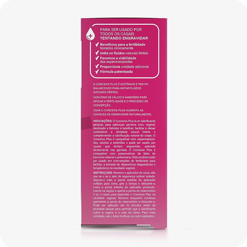 For Conceive Plus Max Combo - Fertility Lubricant Bundle (PT), side view of 8x4g pre-filled fertility lubricant applicators box featuring detailed Portuguese text about product benefits, ingredients, and usage instructions on a magenta background.