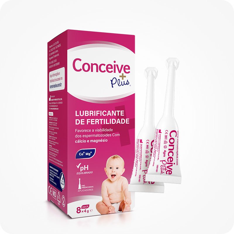 For Conceive Plus Max Combo - Fertility Lubricant Bundle (PT), image of 8x4g pre-filled fertility lubricant applicators box with Portuguese labeling, calcium-magnesium and pH balance icons, and two single-use applicators placed upright alongside baby-themed packaging on a white backdrop.
