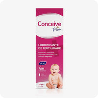 For Conceive Plus Max Combo - Fertility Lubricant Bundle (PT), image of a front-facing view of 75ml fertility lubricant retail box in Portuguese, with pink and white packaging, pH balance and mineral content icons, and an infant image at base, presented on a white background.