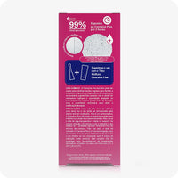 For Conceive Plus Max Combo - Fertility Lubricant Bundle (PT), side panel of 8x4g pre-filled fertility lubricant applicators box featuring Portuguese clinical usage guidelines, sperm viability test results graphic, and product pairing suggestion with multi-use tube, on magenta packaging.