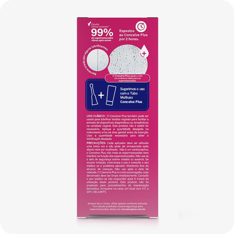For Conceive Plus Max Combo - Fertility Lubricant Bundle (PT), side panel of 8x4g pre-filled fertility lubricant applicators box featuring Portuguese clinical usage guidelines, sperm viability test results graphic, and product pairing suggestion with multi-use tube, on magenta packaging.
