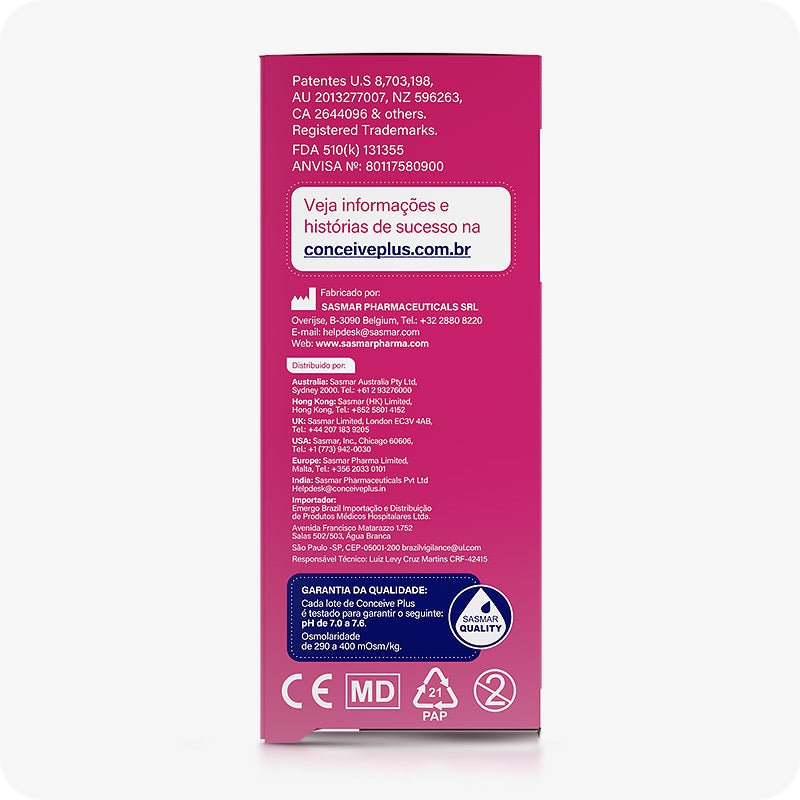 For Conceive Plus Max Combo - Fertility Lubricant Bundle (PT), back view of 8x4g pre-filled fertility lubricant applicators box featuring manufacturer details, distributor addresses across multiple countries, quality certification badge, and regulatory logos printed in white on magenta background.