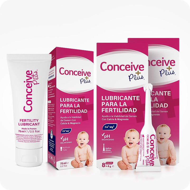 Conceive Plus Max Combo - Fertility Lubricant Pack (ES) bundle with 75ml tube and two 8x4g applicator boxes, displayed with magenta Spanish packaging, upright single-use applicator, white lubricant tube, and baby illustrations.