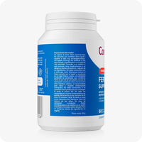 Conceive Plus Men's Fertility Support (ES) supplement with usage precautions in Spanish for male fertility health. Image shows side of a blue and white bottle, featuring a detailed cautionary label with text in white print on a blue label, set against a white background.