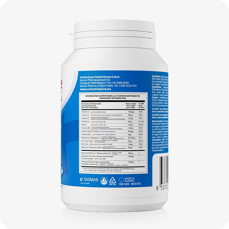 For Conceive Plus Men's Fertility Support + Fertility Lubricant (FR), rear view of men fertility support supplement bottle showing full nutritional information panel in French, Dutch, and German, with listed daily values for zinc, selenium, L-arginine, vitamins, and maca extract; includes distributor details, website, EU certifications, and barcode.