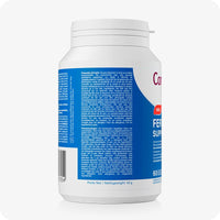 For Conceive Plus Men's Fertility Support + Fertility Lubricant (FR), side view of men fertility support supplement bottle displaying French and Dutch usage precautions, dosage instructions, and ingredient information on a blue label with barcode and net weight of 42g visible.