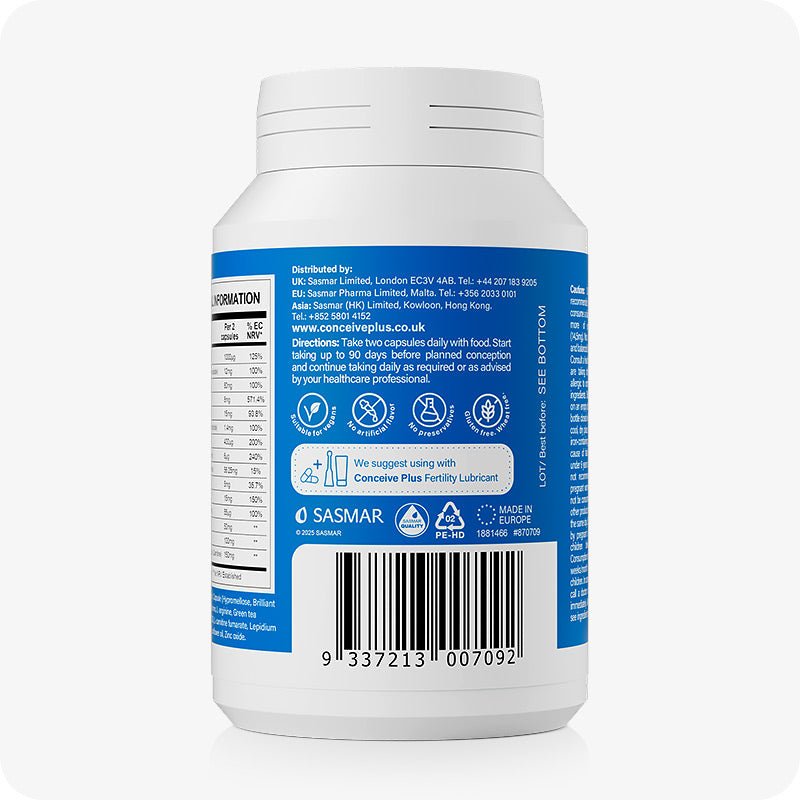 For Conceive Plus Men's Fertility Support + Lubricant (DE), back label of men's fertility support supplement bottle showing usage directions, distribution details, ingredient icons, barcode, and a recommendation to use with Conceive Plus Fertility Lubricant, all printed on a deep blue background.