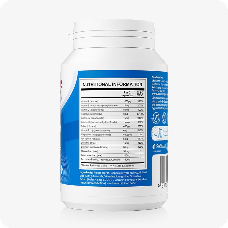 For Conceive Plus Men's Fertility Support + Lubricant (DE), back view of men's fertility support supplement bottle showing a detailed nutritional information chart for two capsules, including vitamin and mineral percentages, along with full ingredient list at bottom on a blue and white label.