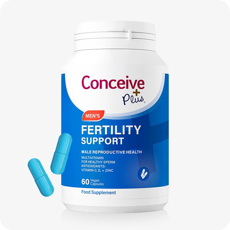 Conceive Plus Motility Pack - Male Fertility + Motility Supplement showing a single blue-labeled Men's Fertility Support bottle with 60 vegan capsules, displayed alongside two bright blue capsules on a light background.