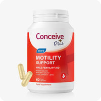 Conceive Plus Motility Support bottle containing 60 vegan capsules and features a red and white label highlighting its role as a male fertility aid with CoQ10, Vitamin D, and Zinc to support sperm motility and count.