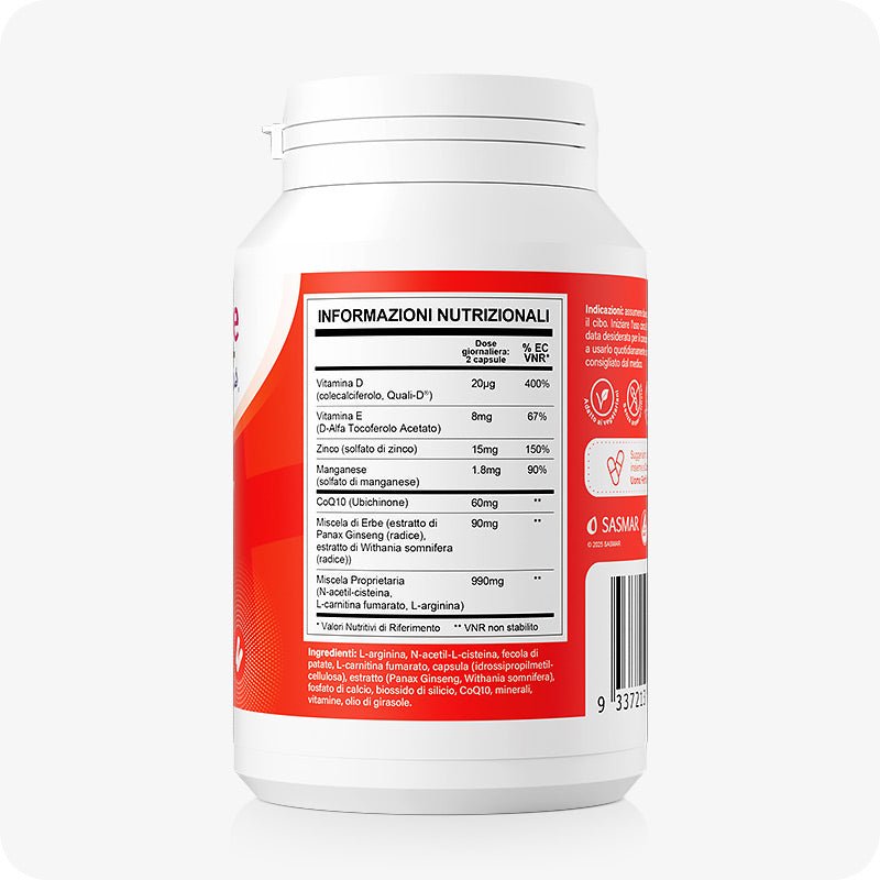 Conceive Plus Motility Support (IT) bottle side displaying full nutritional facts panel in Italian, listing vitamins, minerals, CoQ10, and proprietary herbal blends on a red background with bold black-and-white table format.