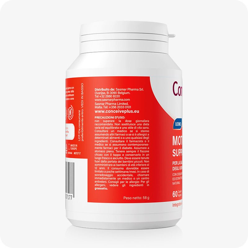 Conceive Plus Motility Support (IT) bottle side view showing Italian product warnings, distributor details, and website information on a red label, with white cap and clean background.
