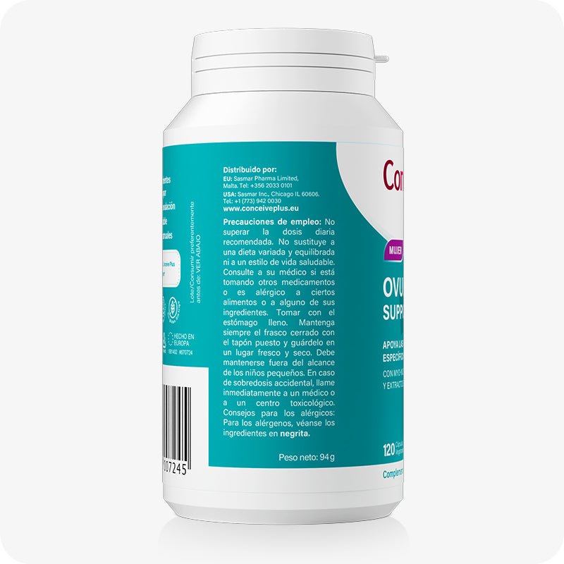 Conceive Plus Ovulation Support (ES) supplement bottle showing safety warnings, usage directions, and distributor details in Spanish. Image presents left-side view of teal-labeled bottle, highlighting printed instructions and contact information on a white background.