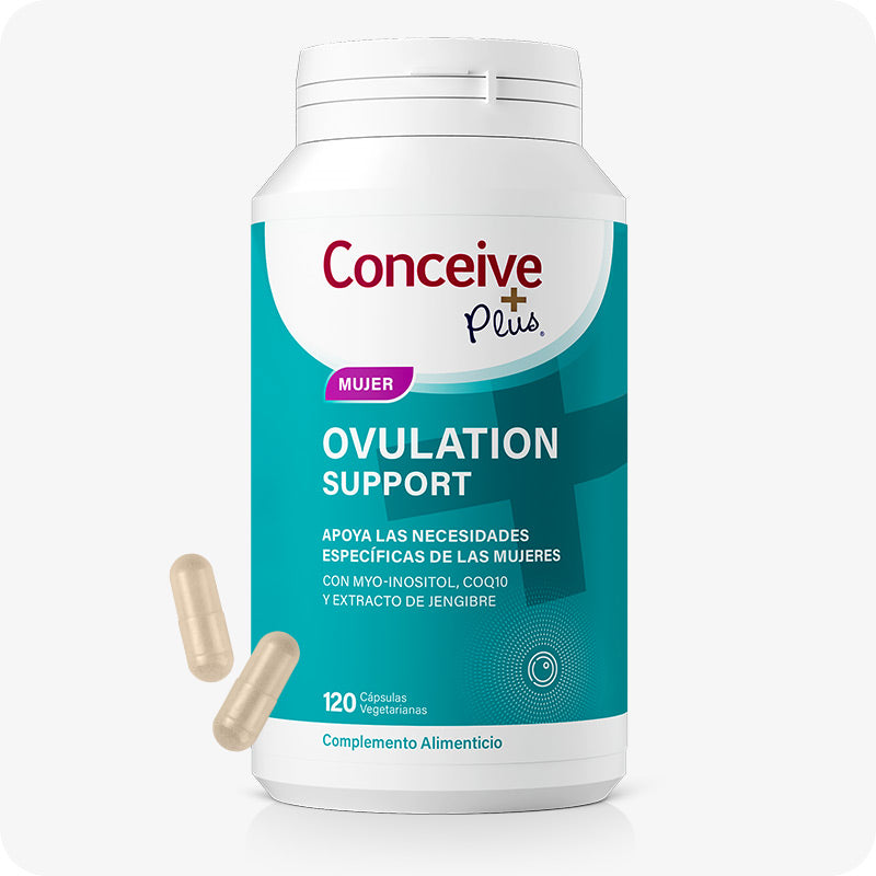Conceive Plus Ovulation Support (ES) bottle with 120 vegetarian capsules for female ovulation health, shown with a teal label. Image features a white supplement bottle and two beige capsules placed nearby on a light background.