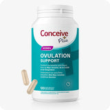 Conceive Plus Ovulation Support (FR) bottle featuring teal and white packaging with French and Dutch descriptions, displaying 120 vegetarian capsules and key ingredients like Myo-Inositol, CoQ10, and ginger, with two beige capsules shown beside container for visual reference.