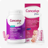 Conceive Plus Women's Fertility Support + Applicators (FR) product image displaying a white and purple bottle of women fertility support capsules alongside an 8x4g pre-filled fertility lubricant applicators box, with French, Dutch, and German language text on packaging and a baby graphic; pink capsules and one applicator are also visible in foreground on a white background.