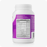 For Conceive Plus Women's Fertility Support + Applicators (FR), image of nutritional information panel on back of women fertility support bottle, displaying detailed vitamin and mineral composition per serving in French, Dutch, and German, with distributor contact info and barcode included on purple packaging.