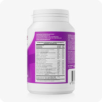 For Conceive Plus Women's Fertility Support + Applicators (FR), image of nutritional information panel on back of women fertility support bottle, displaying detailed vitamin and mineral composition per serving in French, Dutch, and German, with distributor contact info and barcode included on purple packaging.