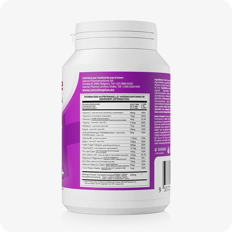 For Conceive Plus Women's Fertility Support + Applicators (FR), image of nutritional information panel on back of women fertility support bottle, displaying detailed vitamin and mineral composition per serving in French, Dutch, and German, with distributor contact info and barcode included on purple packaging.