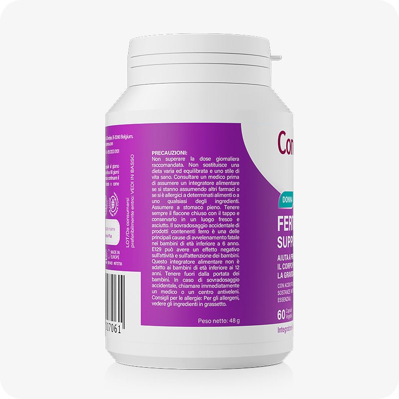 Conceive Plus Women's Fertility Support (IT) bottle side view displaying Italian precautionary text and dosage warnings on a purple label, with partially visible product branding and barcode edge.